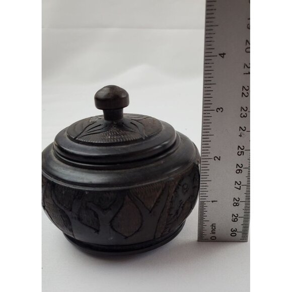 Vintage Africa Wooden Bowl Carved Round Elephants with Lid - Picture 8 of 8